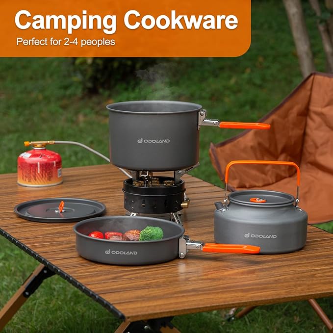 Odoland Camping Cookware Mess Kit, Camping Cooking Pot Fry Pan and 1.1L Kettle Set, Portable Camping Cookware Set with Mesh Bag for Camping, Backpacking, Outdoor Cooking and Picnic