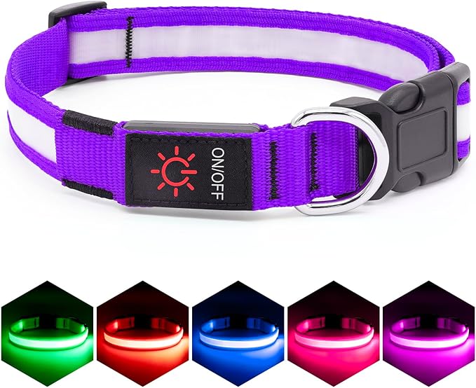 VIZPET LED Dog Collar, Light Up Dog Collar Adjustable USB Rechargeable Super Bright Safety Light Glowing Collars for Dogs (Purple, X-Large[22.83-27.55 inch/58-70cm])