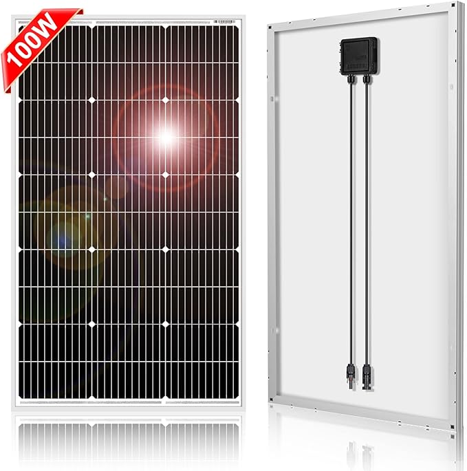 DOKIO 100W 18V Monocrystalline Solar Panel for 12V Battery Charging, 9BB Glass Module with Aluminum Frame, MC4 Connector, Pre-Drilled Holes for Rooftop, RV, Boat, Off-Grid Power