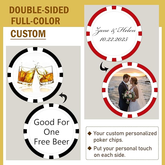50-500Pcs Custom Clay Poker Chips (40mm, 11.5g), Personalized Poker Set Print with Your Logo and Text, for Bar Drink Tokens, Clubs, Party Games, Business Cards, etc.10 Colors