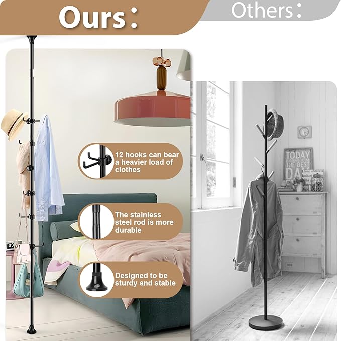 Coat Rack Freestanding, 56 to 125 inch Adjustable Tension Rod Hanger with 12 Hooks for Hanging Coat, plant,Jacket, Hat, Scarf, Suitable for Living Room, Balcony, Kitchen Black