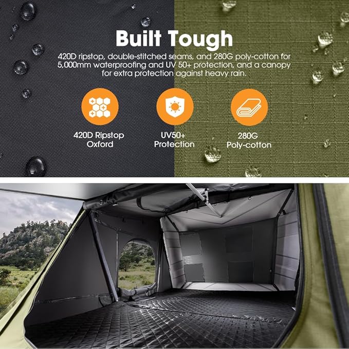 Sanhima Rooftop Tent Hard Shell - Jervis Overland Aluminium ABS Roof Top Tent w/Stargaze Window & LED Strip Light for Car SUV Truck Camping, 2-3 People