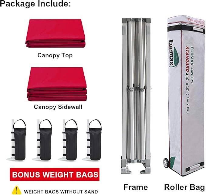Eurmax USA 10'x10' Pop-up Canopy Tent Commercial Instant Canopies with 4 Removable Zipper End Side Walls and Roller Bag, Bonus 4 SandBags(Red)