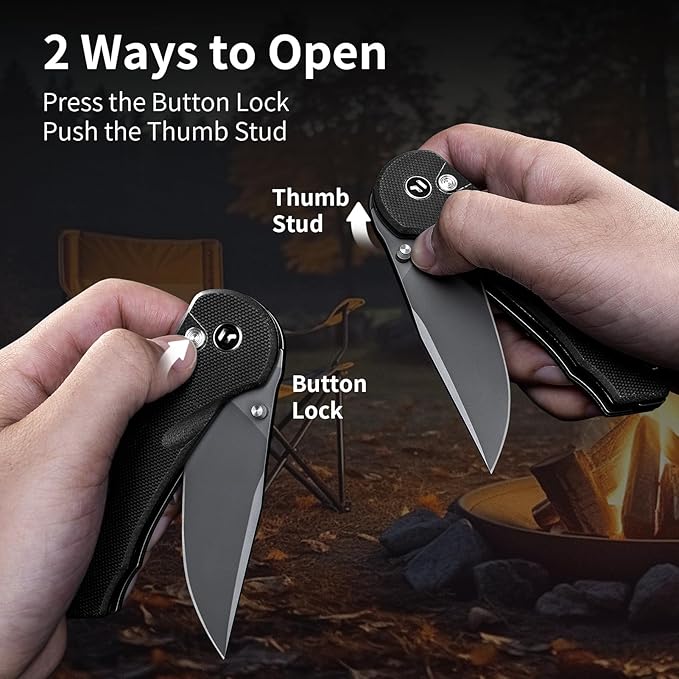 Button Lock Pocket Knife with 2.85 inch VG10 Steel Blade G10 Handle, Folding Knife for EDC,Black