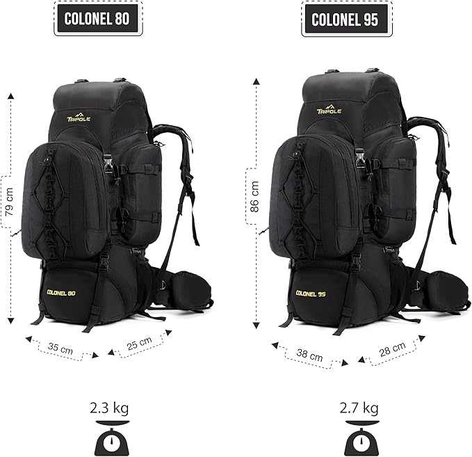 Tripole Colonel 80 Litres Internal Frame Trekking and Hiking Rucksack + Detachable Day Pack, Rain Cover, Black