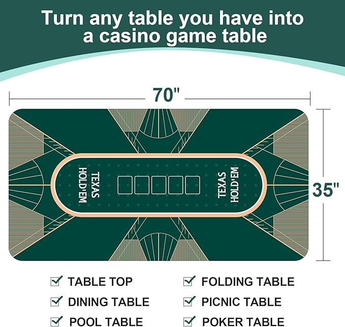 CONTINUE Upgraded Waterproof Poker Mat 8 Players Texas Hold'em Poker Mat Professional Poker Mat Anti-Slip Rubber Poker Table Top Layout with Carrying Bag for Poker Games, Blackjack, Casino（70 x 35 ）