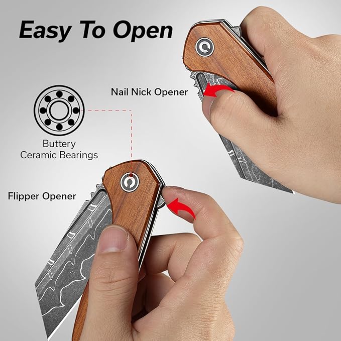 CIVIVI Pocket Knife for Men, ExOne Folding Knife with Flipper, 2.94" Damascus Blade Wood Handle for Perfect EDC Gift C23036-DS1