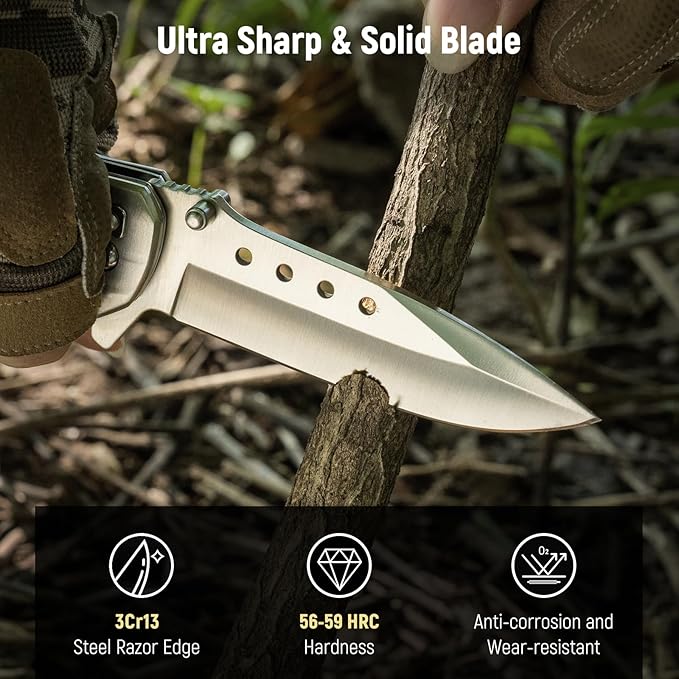 Folding Pocket Knife - 3.46" Sharp Blade Olive Wood Handle Pocket Knives with Clip, Glass Breaker - EDC Knife for Dad Women Tactical Hunting Survival Camping Fishing Hiking - Sliver