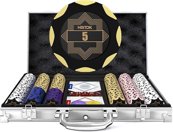 Clay Poker Chip Set for Texas Holdem, 300 pcs with Denominations 14g Professional Casino Blackjack Set, a high-end Carrying case with Aluminum Travel Case
