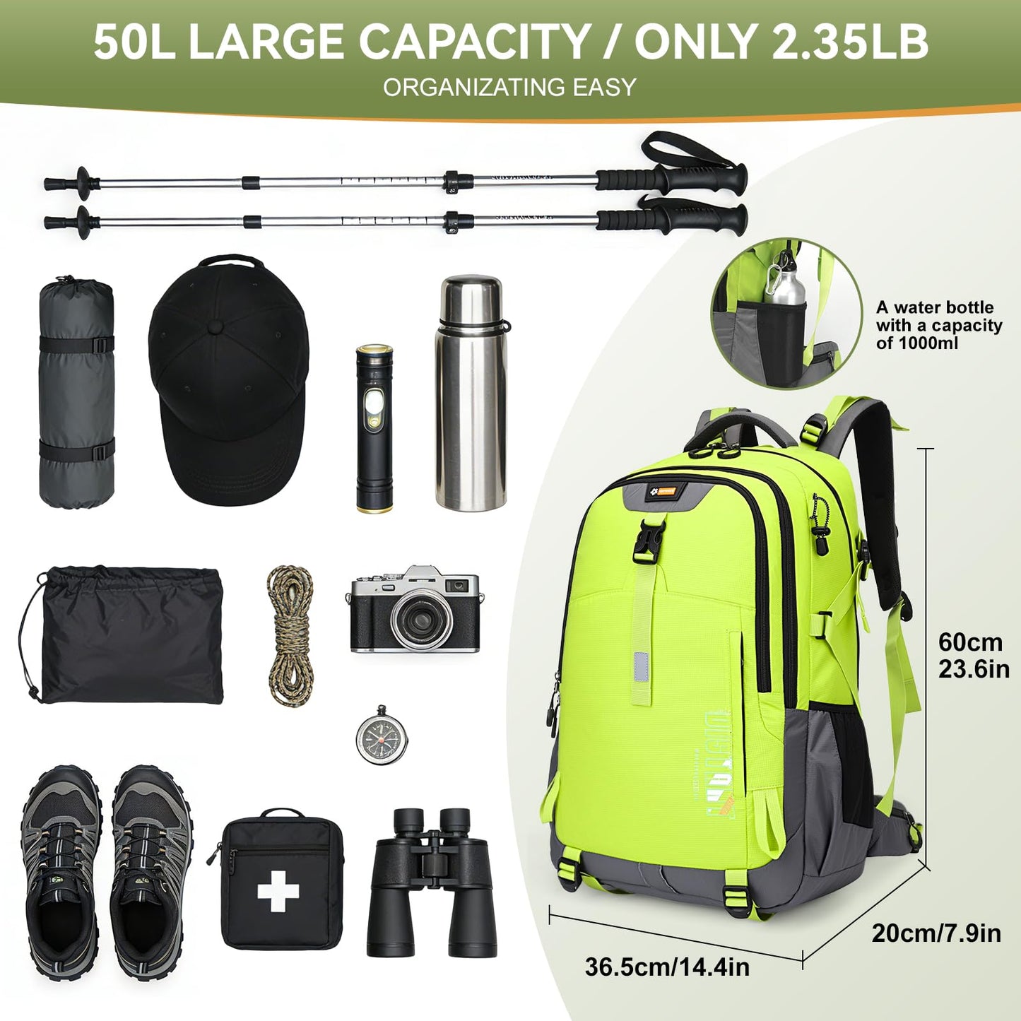 50L Hiking Backpack for Men Women, Waterproof Outdoor Daypack,Green