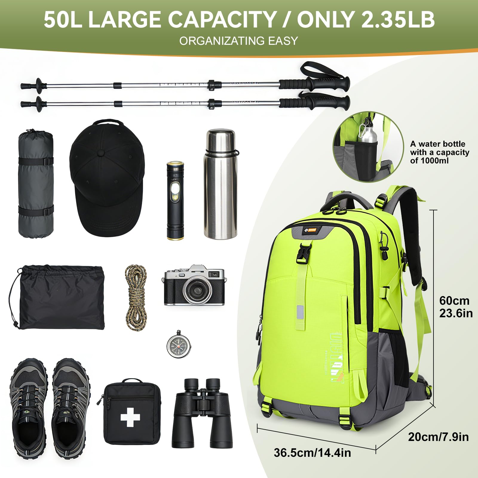 50L Hiking Backpack for Men Women, Waterproof Outdoor Daypack,Green