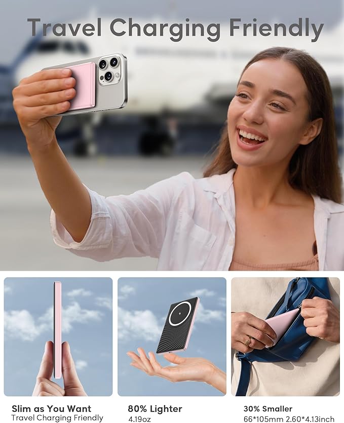 for Magsafe Battery Pack, Ultra Slim Wireless Portable Charger 5000mAh, 20W PD Magnetic Power Bank Fast Charging USB C in&Out Powerbank for iPhone 16/15/14/13/12 Mini Plus Pro Max,Pink