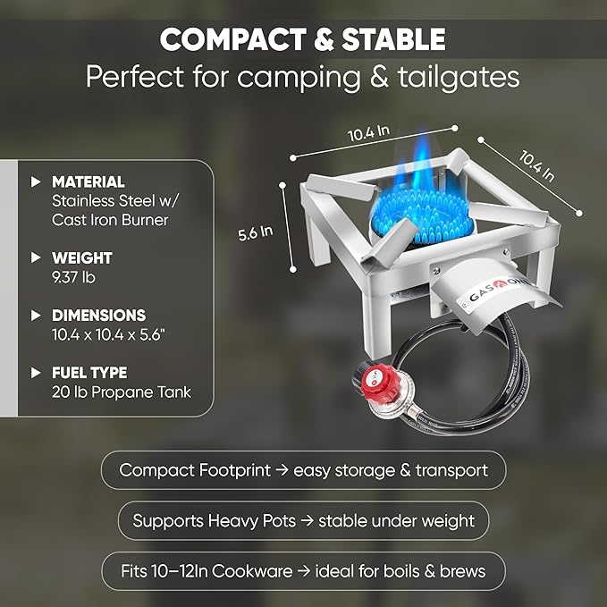 GasOne Stainless Steel Single Propane Burner - Outdoor Cooking with Heat Shield and Guard ??Propane Burner Head for Camping, Tailgating, Seafood Boil, Home Brewing - Patent Pending