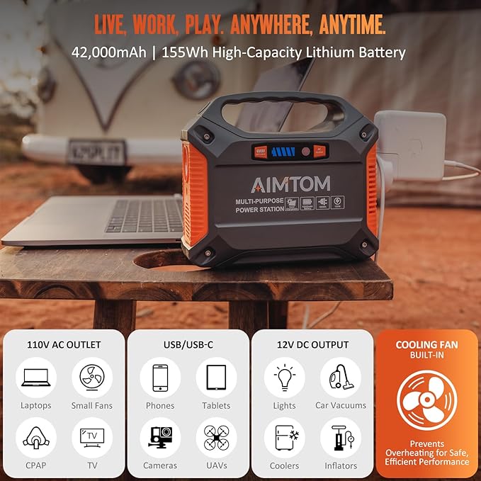 AIMTOM 155Wh Portable Power Station, 42000mAh Lithium Backup Battery with Flashlight, Solar Charging Option ??150W Peak (100W AC), 12V DC, USB & USB-C for Camping, Home, RV, Travel & Digital Nomads