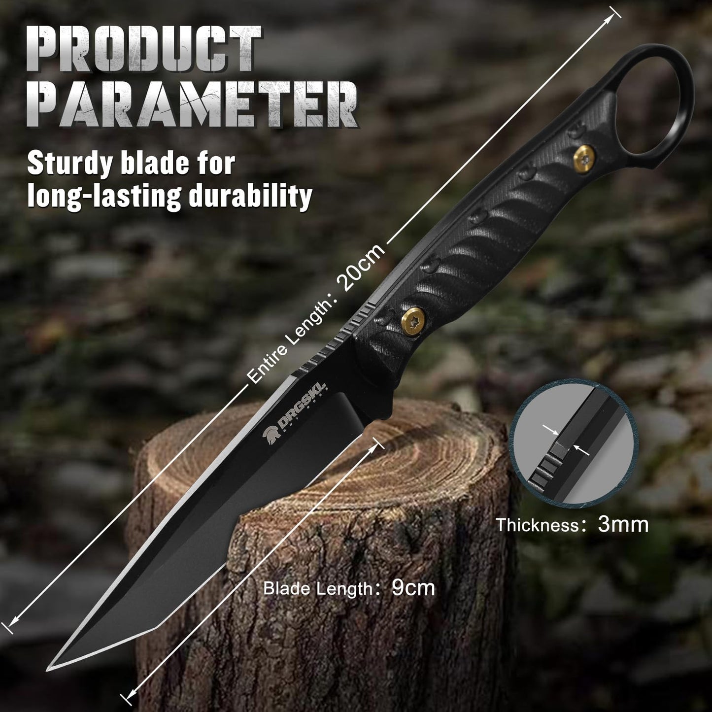 DRGSKL Tanto Fixed Blade Knife - Camping Knife with Sheath - Black