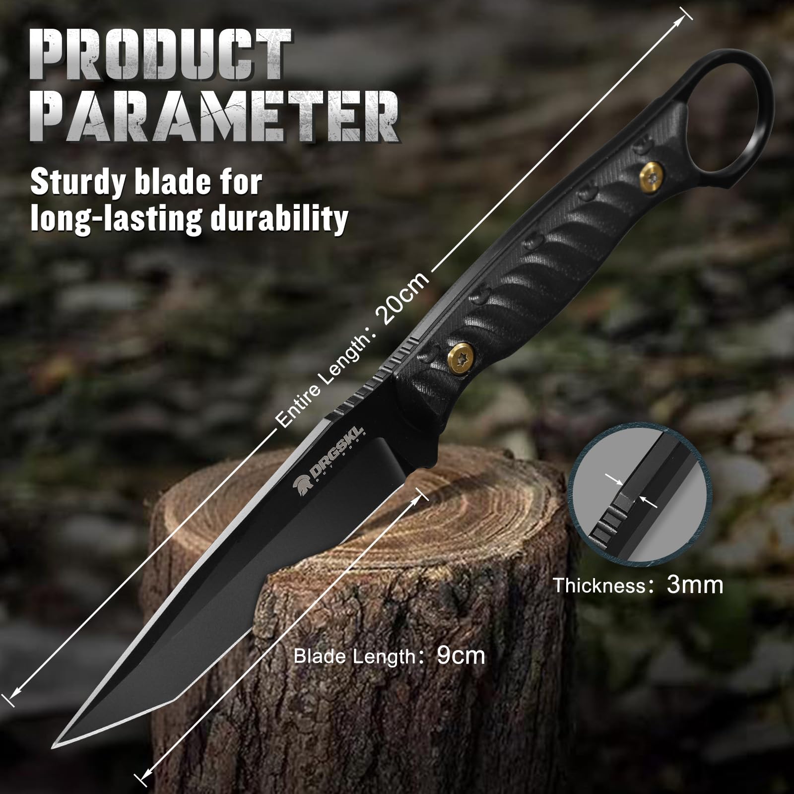 DRGSKL Tanto Fixed Blade Knife - Camping Knife with Sheath - Black