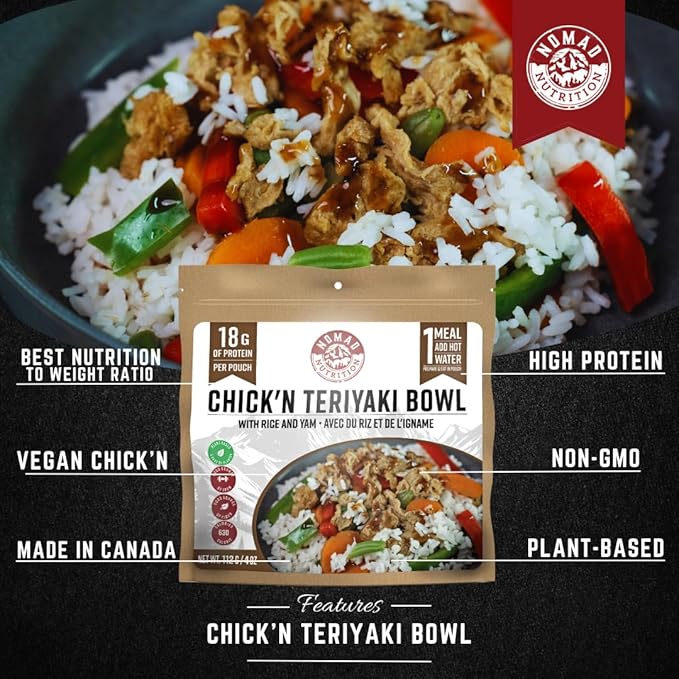 Nomad Nutrition Chick'n Teriyaki Bowl | Instant Freeze Dried Backpacking & Camping Food | Plant-Based, Non-GMO Hiking Meals with High-Energy, Vegan | 112g - 1 Pack