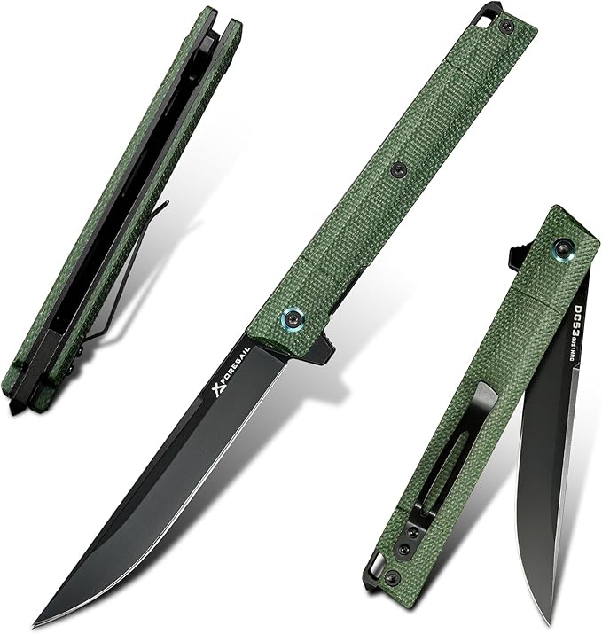 Pocket Folding Knife,Flipper Open,DC53 Steel Blade and Micarta Handle. With pocket clip and glass breaker,Sharp Camping Hiking Daily Work Knives,Everyday Carry EDC tool Knife