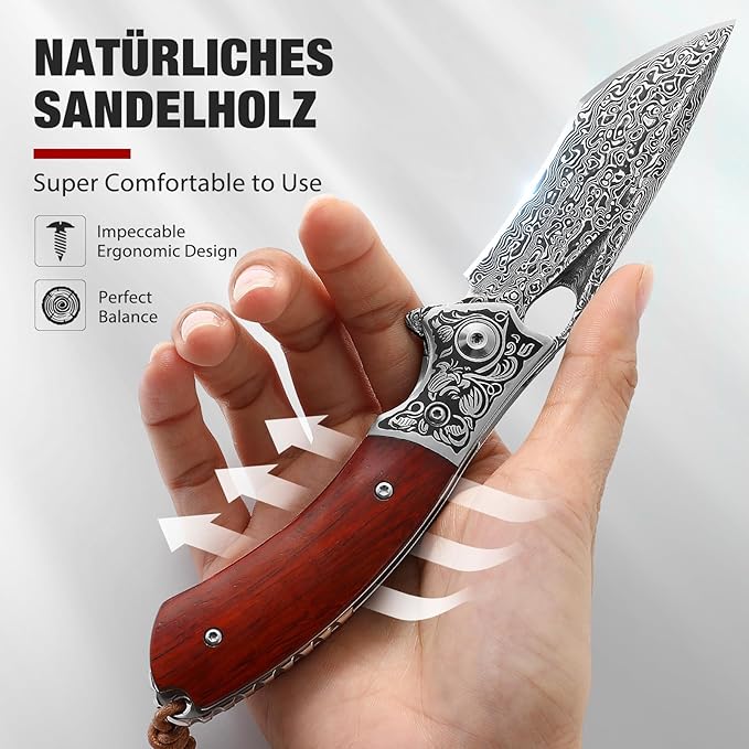 Damascus Steel Folding Pocket Knife with VG10 Core, Wooden Handle & Leather Sheath, Outdoor Knife and Gift for Collectors, Knife Lovers, and Enthusiasts