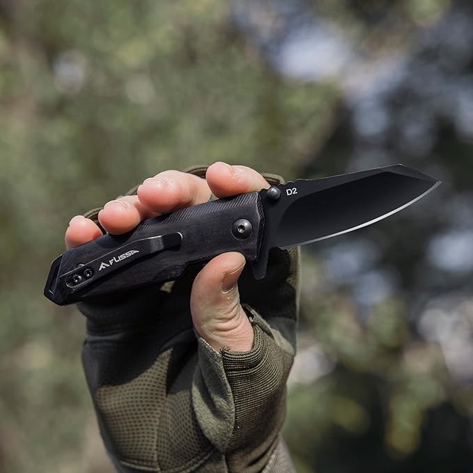 FLISSA Small Pocket Knife, 2-3/4" D2 Steel Blade, EDC Folding Knives, Ebony Wood Handle with Clip, Mini Knife with Liner Lock for Everyday Carry Camping Survival Hiking, Great Gifts for Dad