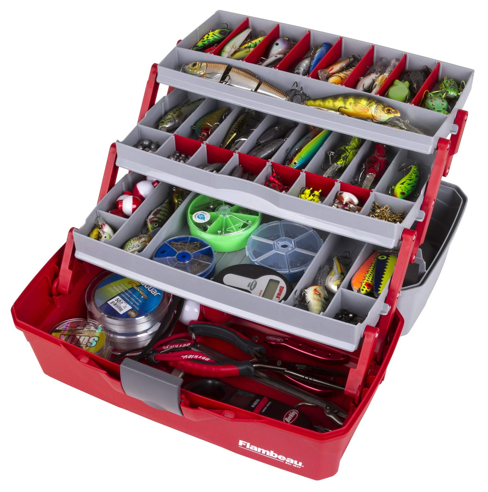 Flambeau Outdoors 6383 3-Tray Tackle Box, 32 Compartments, Red and Gray
