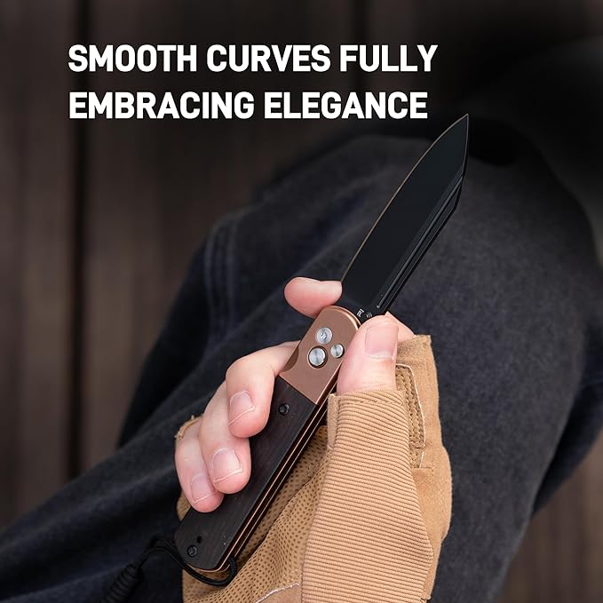 ARTISANCUTLERY Holm Folding Pocket Knife, Folding Knife with 3.10'' AR-RPM9 Steel, Handle with Rose Gold PVD Steel and Ebony Inlay, Button Lock with Safety Switch EDC Knife for Men, 1875P Rose Gold