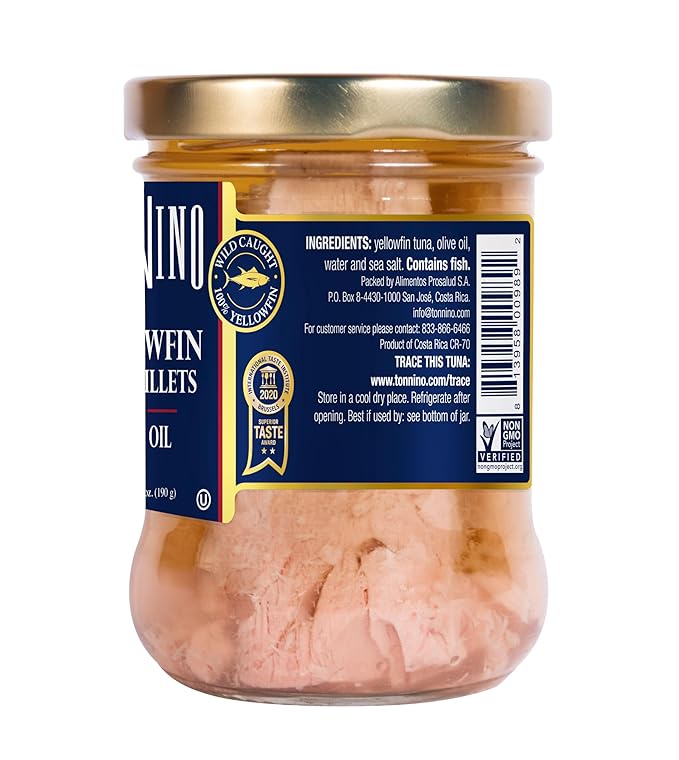 Tonnino Yellowfin Tuna Fish Premium - Olive Oil ??Pack of 6 ??Alternative to Salmon ??Protein Snacks ??Ready to Eat Meals in Glass Jar