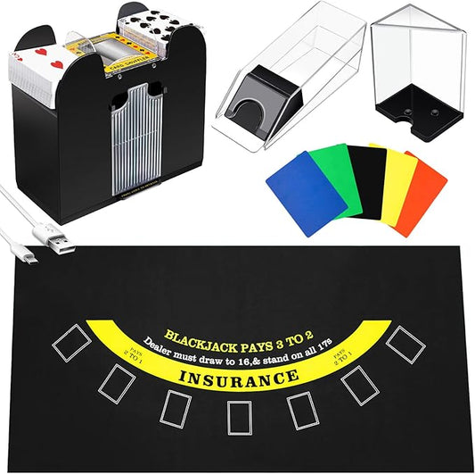 Aoriher Blackjack Game Combo Set, Include Blackjack Layout Felt,Shoe 6 Deck Automatic Card Shuffler Discard Holder Trays and 10 Cut Cards for Casino, Party Night(Black)