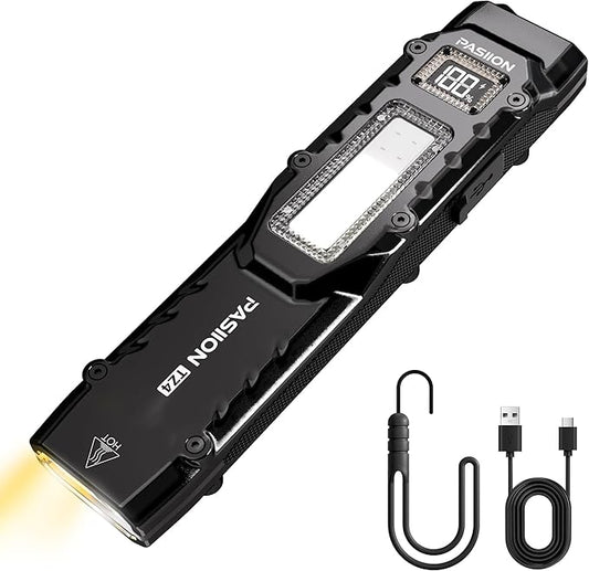 EDC Tactical Flashlight, Flat Flashlights Rechargeable,Dual-Switches LED Small Flashlight with Digital Display,Stainless Steel 8 Modes Pocket Flash Light for Home, Camping,and Emergency Use