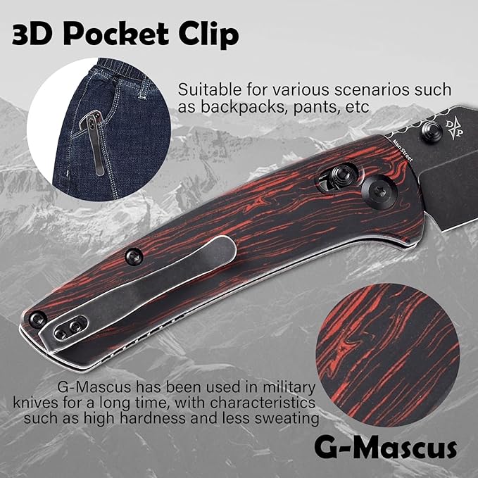 KANSEPT Main Street Pocket Folding Knife, 3.36''Black 154CM Sharp Blade,Black and Red G-Mascus Handle with Axis Lock and Thumb Stud, Perfect Clip for Camping Hiking Fishing Gift Everyday Carry T1015v5