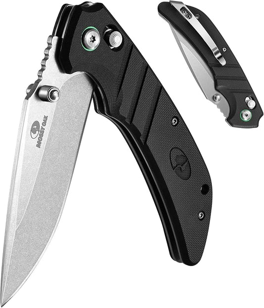 Mossy Oak Folding Pocket Knife, 4" Stonewash Stainless Steel Blade EDC Knife, G10 Handle with Axis Lock & Pocket Clip, Small Tactical Survival Knife for Hiking, Hunting, Outdoor Gifts for Men & Women