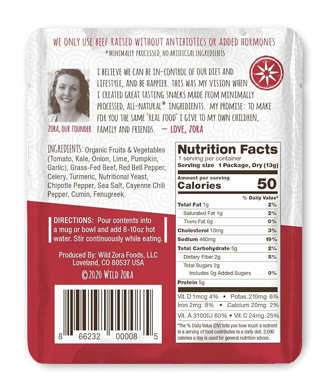 Wild Zora Instant Keto-Friendly Soups Picante Beef 8-pack Broth Made with 100% Grass-Fed Beef, and Vegetables, Gluten-Free, Grain Free, Low Carb, No Added Sugar, Flavorful Pantry Staples - 0.5oz/13g