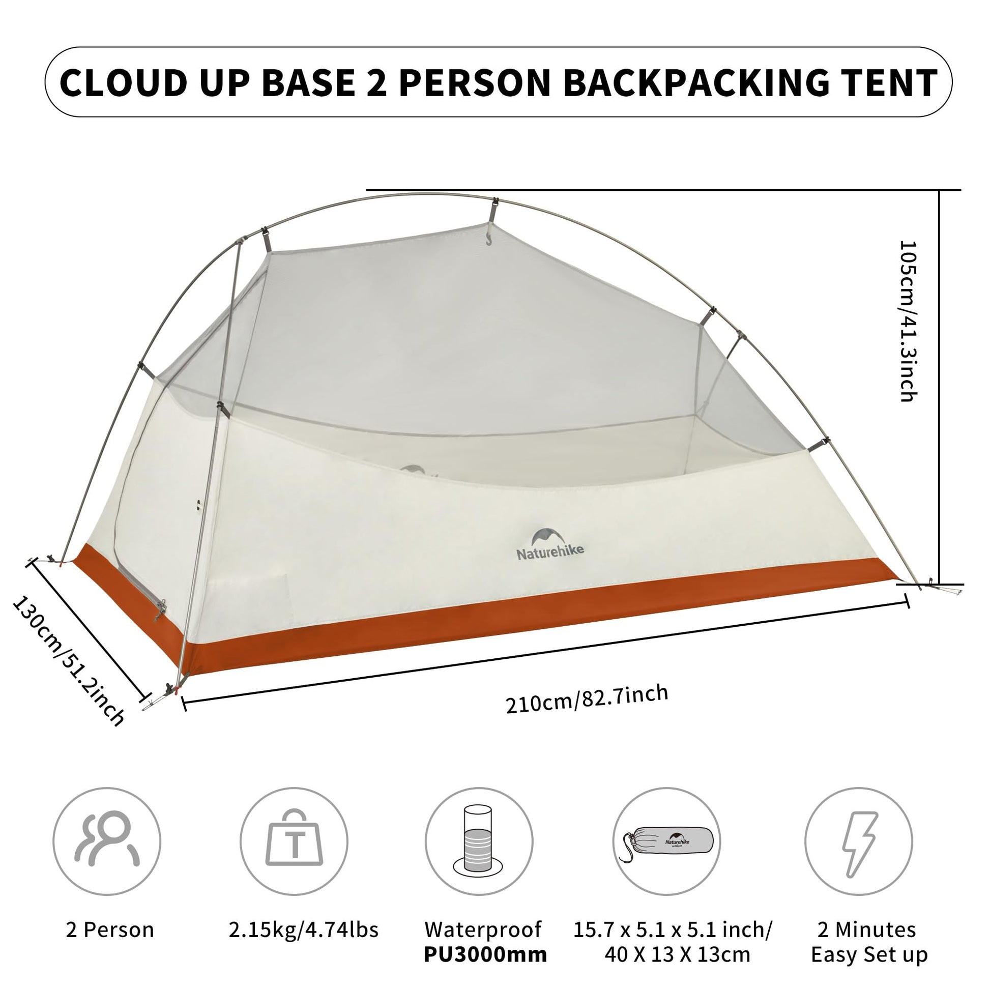 Naturehike Cloud up Base Backpacking Tent, Waterproof Lightweight 2 Person Tent for Camping, Double