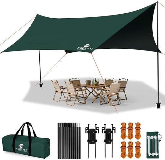 Camping Tarp with Poles & Retainer,15x12.5FT Large Waterproof 210D Oxford Cloth Camping Canopy, Anti-UV UPF100+ Tent Tarp for Outdoor, Picnic, Car, Hammock, Backpacking (Green-Black)