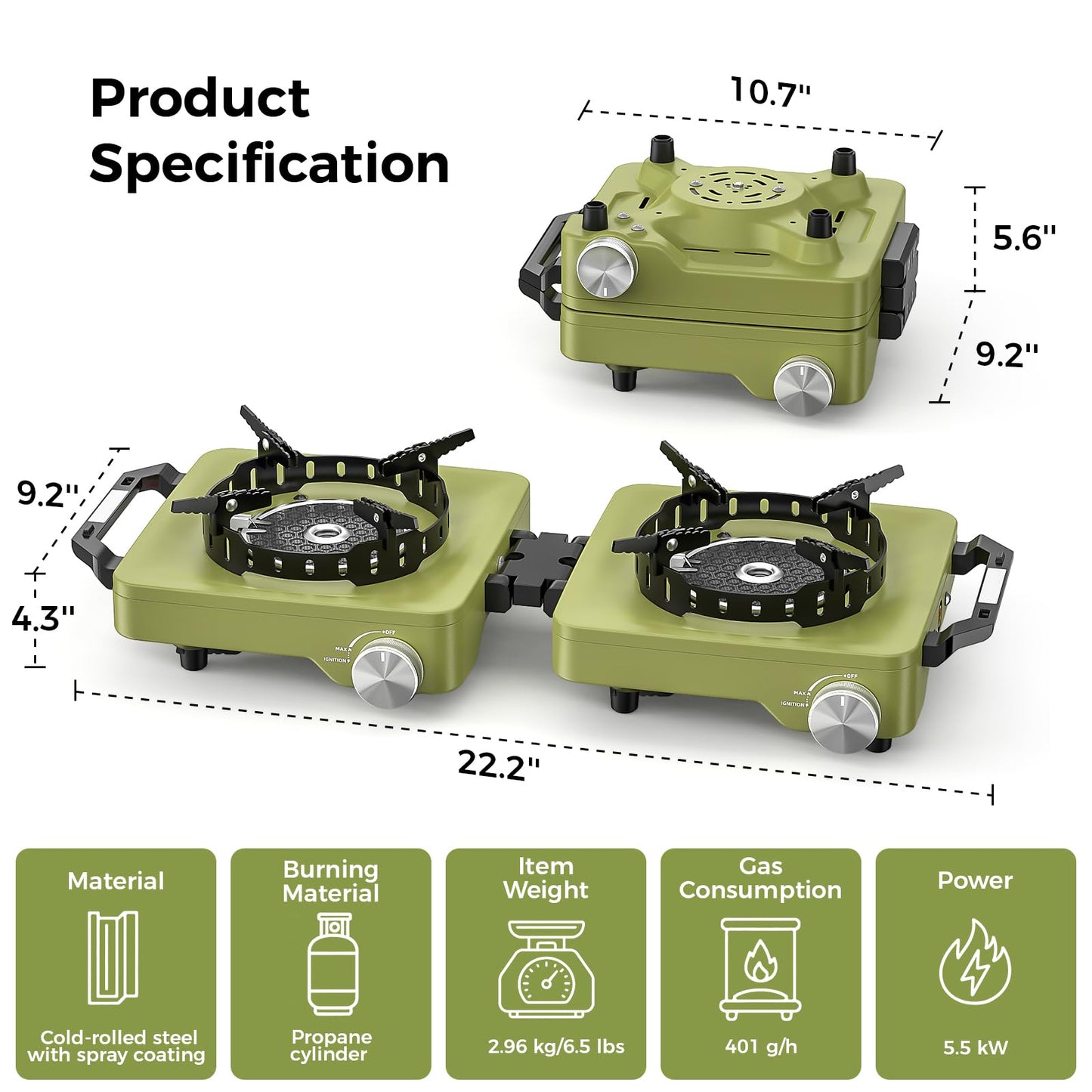 MoKo Propane Camping Stove 2 Burner, 36,000 BTU Infrared & Open Flame Hybrid, Windproof Folding