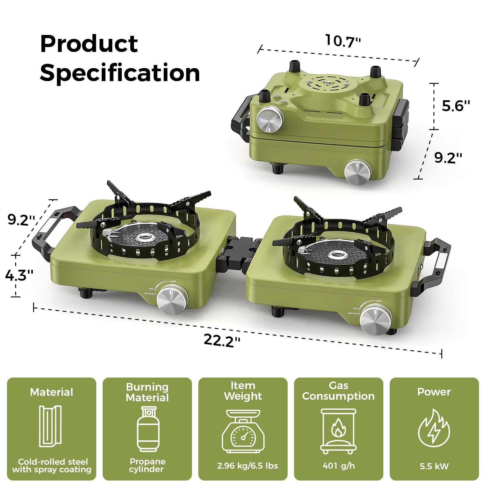 MoKo Propane Camping Stove 2 Burner, 36,000 BTU Infrared & Open Flame Hybrid, Windproof Folding