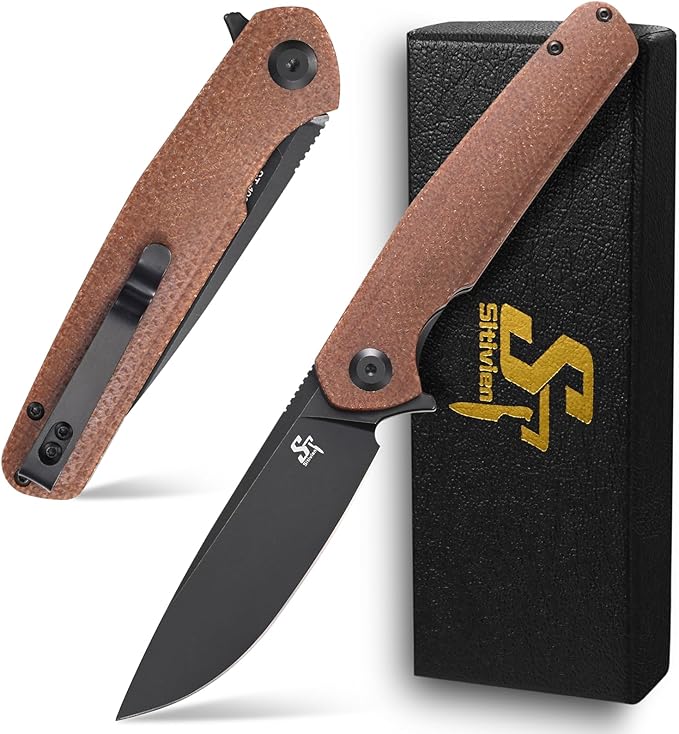 Sitivien ST102 Folding Knife, D2 Steel Blade+Micarta Handle EDC Tool Knife for Outdoor, Camping, Hunting, Survival (Brown) …