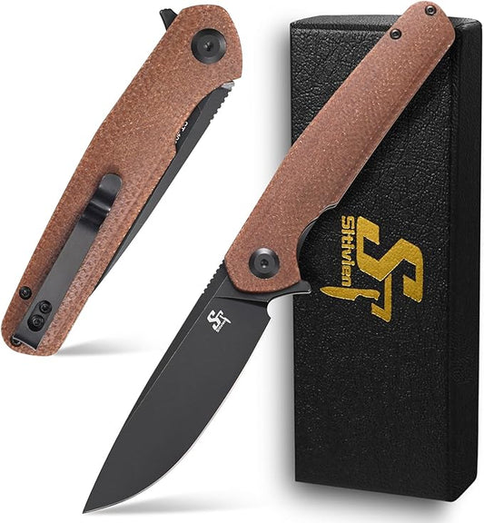 Sitivien ST102 Folding Knife, D2 Steel Blade+Micarta Handle EDC Tool Knife for Outdoor, Camping, Hunting, Survival (Brown) …