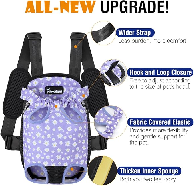 Pawaboo Pet Carrier Backpack, Adjustable Pet Front Cat Dog Carrier Backpack Travel Bag, Legs Out, Easy-Fit for Traveling Hiking Camping for Small Medium Dogs, Medium Size, Black & Purple Daisy