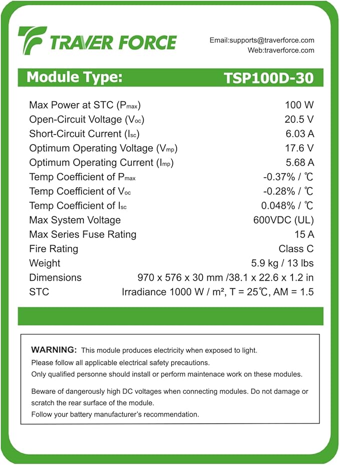 Traver Force 100W 12V 10BB Monocrystalline Solar Panel, Up to 25% High Efficiency Module with Grade A+ Cells, Waterproof for RVs, Motorhomes, Cabins, Marine, Boatï¼?pcs