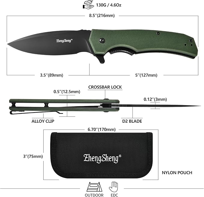 Praxis Folding Pocket Knife, 3.6" PVD Titanium Coating D2 Steel Blade Foldable Knife with G10 Handle Lightweight Camping Survival Hiking Knives