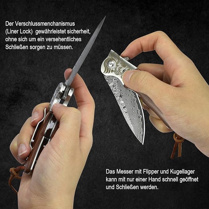 AUBEY Damascus Pocket Knife with Clip, Folding Knives with VG10 Damascus Steel Blade, Wooden Handle, Foldable EDC Knifes for Outdoor Survival Collection Gift