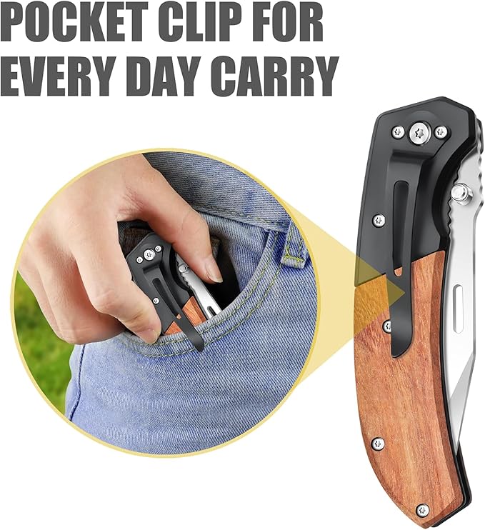 Harita Pocket Knife for Men, Folding Utility with Pocket Clip, Wood Handle EDC for Women with 3.4″ Sliver Serrated Steel Blade, Camping Knife, Hunting, Hiking - Father's Day Gift (Sliver, 3.4 inch Half Serrated Blade)