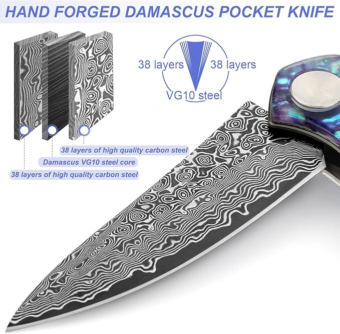 Benkey Damascus Pocket Knife, Sharp VG10 Core Damascus Steel Folding Knives with Leather Sheath, Unique Abalone Seashells Handle, Ball Bearing, Liner Lock, Original EDC Damascus Knife for Men Women