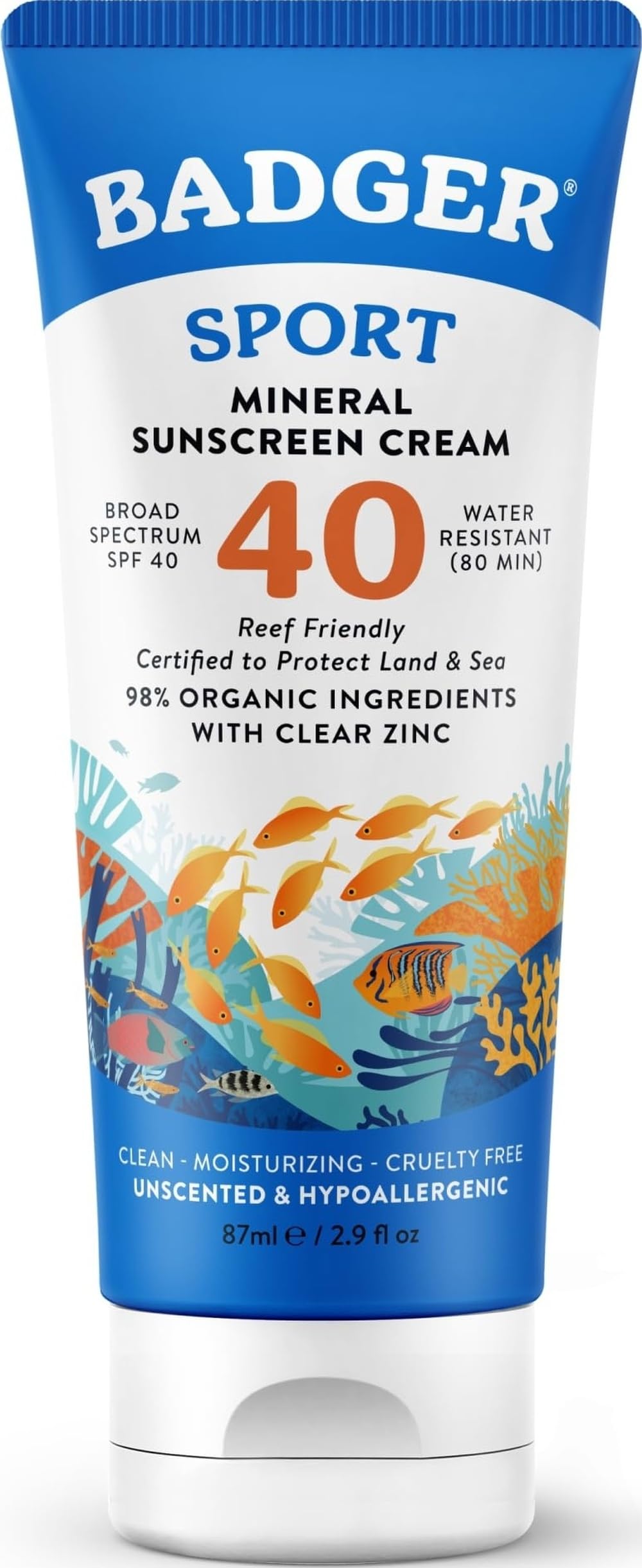 Badger Sport Mineral Sunscreen, Reef Safe, SPF 40, 98% Organic with Zinc Oxide, Water Resistant