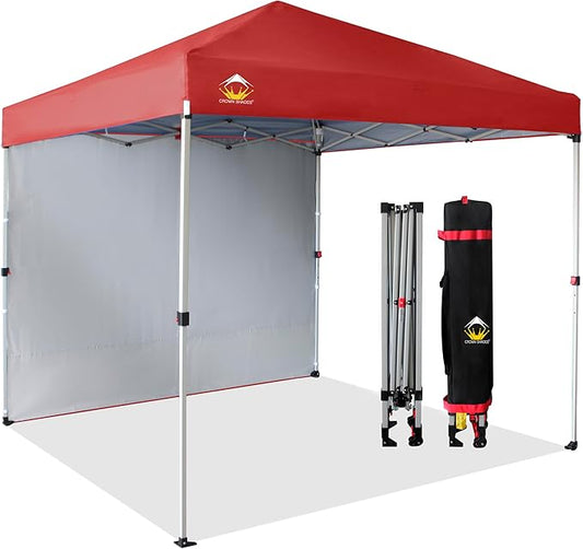 CROWN SHADES 8x8 Pop Up Canopy with 1 Side Wall - Beach Tent with One Push Setup - Outdoor Sun Shade for Events, Parties, Camping - Gazebo with STO-N-Go Cover Bag (Red)