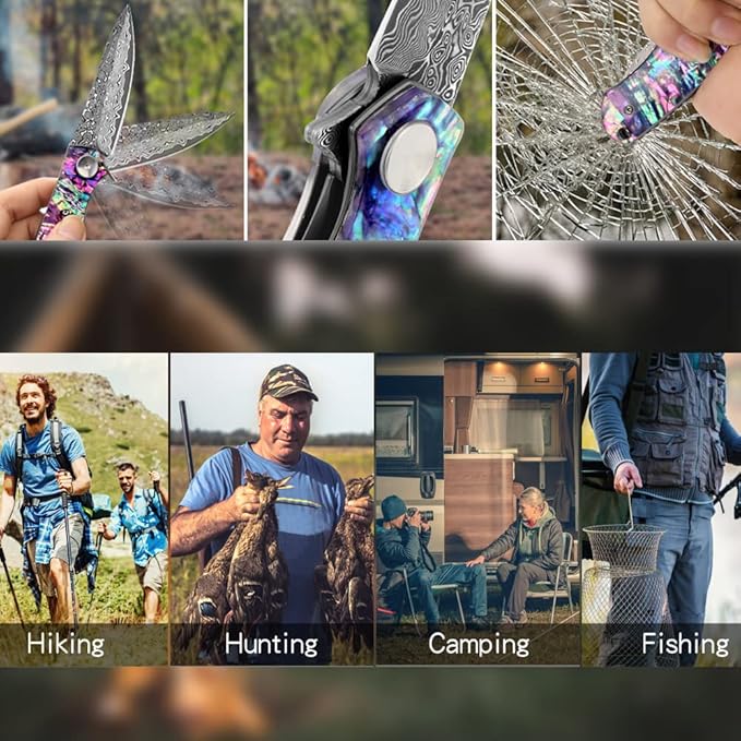 Benkey Damascus Pocket Knife, Sharp VG10 Core Damascus Steel Folding Knives with Leather Sheath, Unique Abalone Seashells Handle, Ball Bearing, Liner Lock, Original EDC Damascus Knife for Men Women