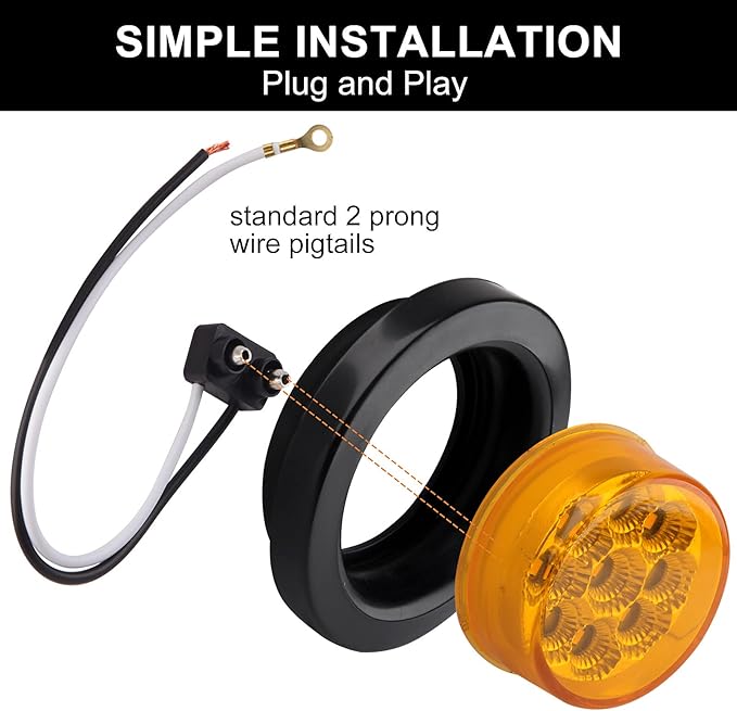 10Pcs 2 Inch Round LED Marker Lights Amber 9 LEDs w/Reflectors, 2 Inch Round Led Side Marker Clearance Lights Sealed 2 Round Truck Trailer Marker Lights w/Rubber Grommets and 2 Prong Wire Pigtails