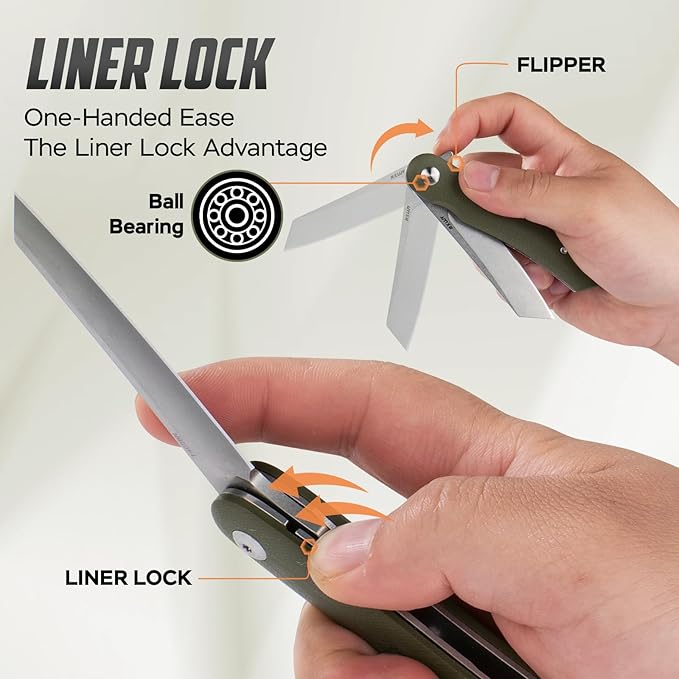 Folding Pocket Knife with Leather Sheath, 2.79??14C28N Steel Blade Micarta Handle Flipper Liner Lock Small EDC Folding Knife, Sharp Camping Hunting Outdoor Survival Knives for Men Women (Green)