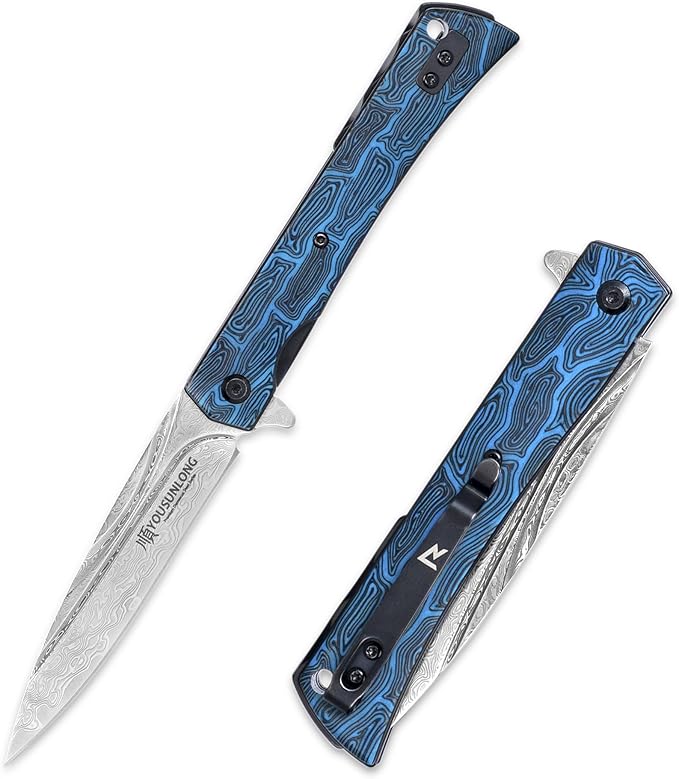YOUSUNLONG Camping Folding Knife - Hammered Damascus Steel Blade Overall 215mm - Blue Damascus texture G10 Cover